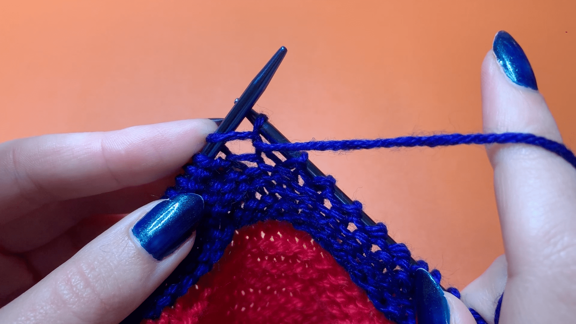 Step two fo the English purl stitch