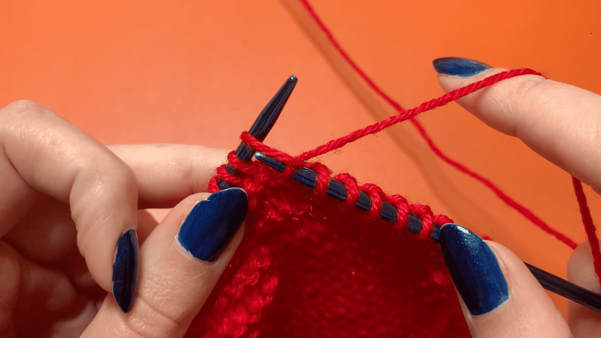 Step two of the english knit stitch