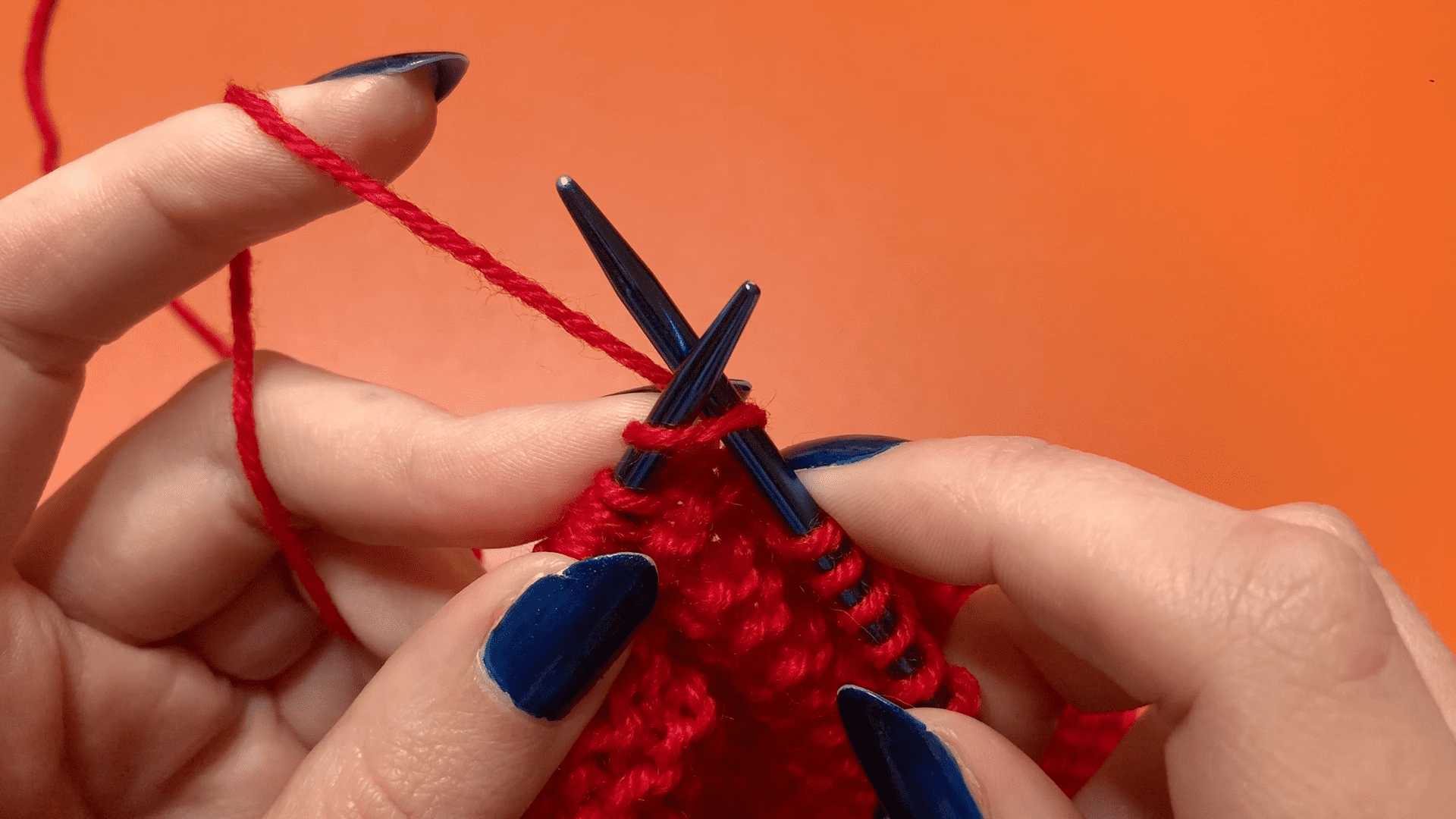 Step one of the continental knit stitch