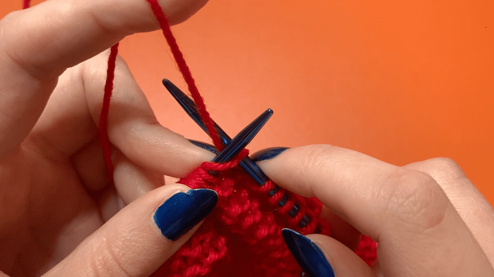 Step two of the continental knit stitch
