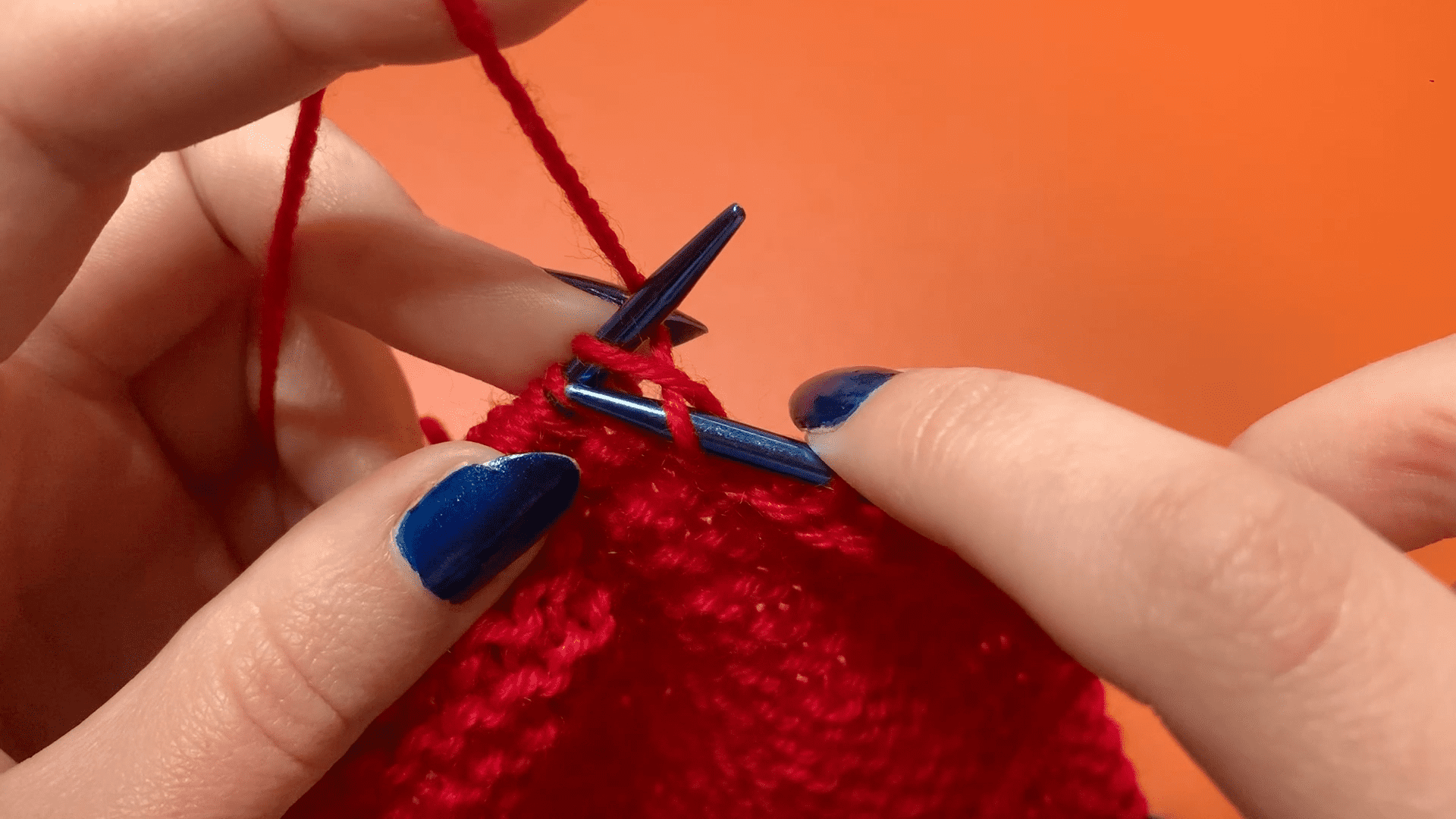 Step three of the continental knit stitch